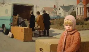 A child stands silently near moving boxes, evoking the hidden burden of childhood sexual abuse.