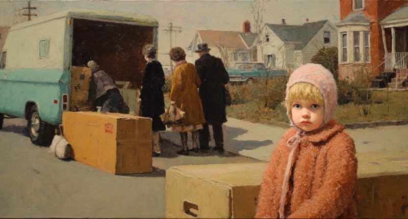 A child stands silently near moving boxes, evoking the hidden burden of childhood sexual abuse.