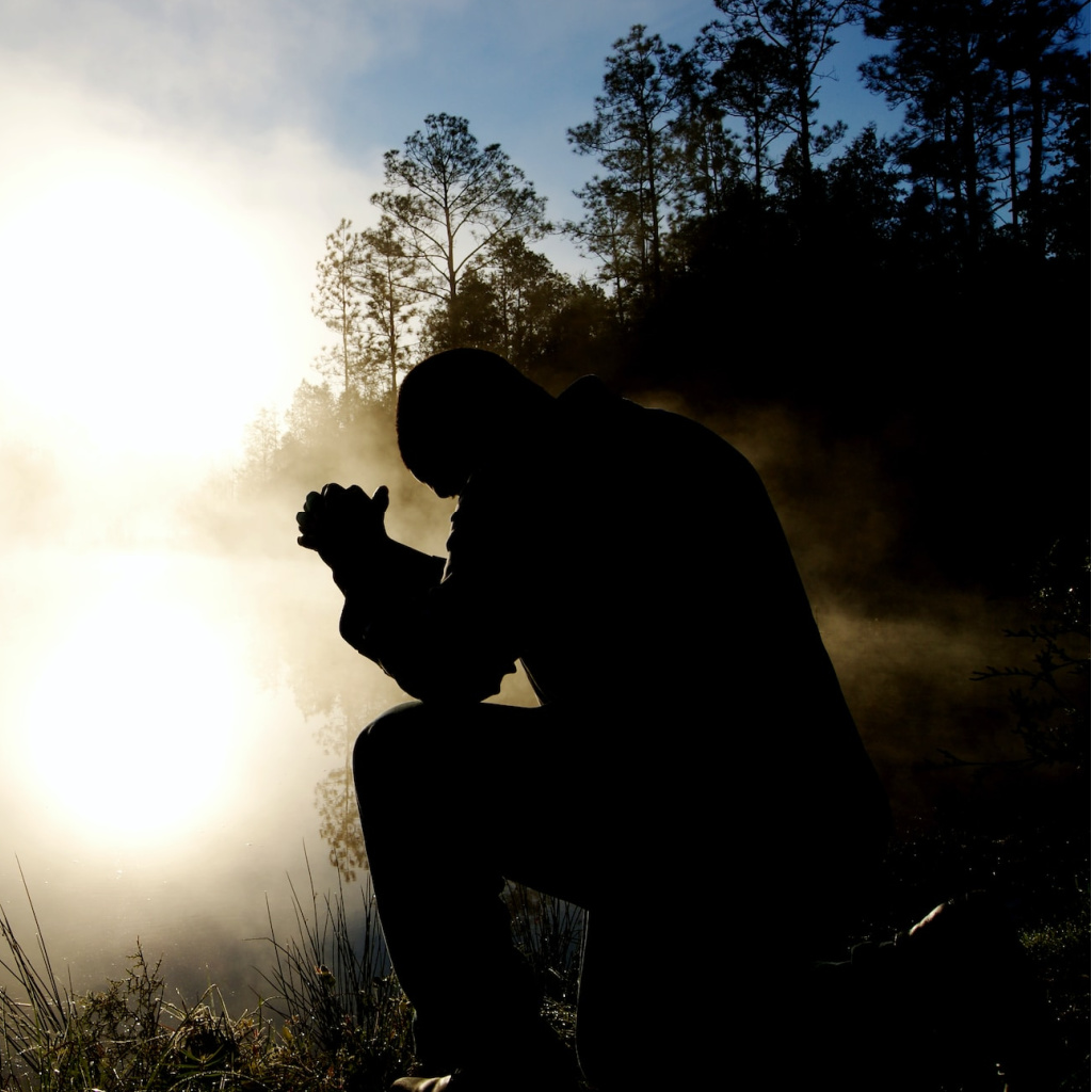 Man Silhouette Kneeling in Prayer w/ White Light & Trees | A Conversation with Faith Matters | Public Square Magazine | Illustrating Faith | Faith Matters Foundation