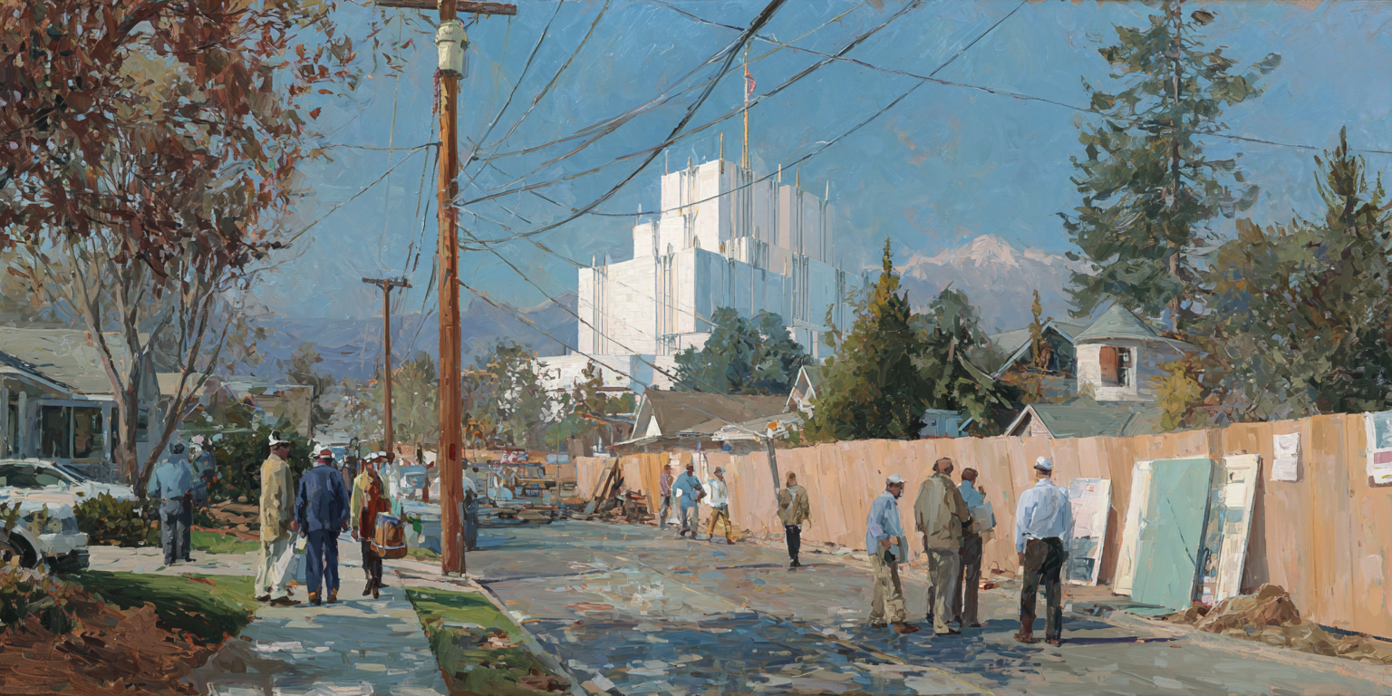The Fairview Texas Temple rises behind a suburban street as officials stand near the construction fence.