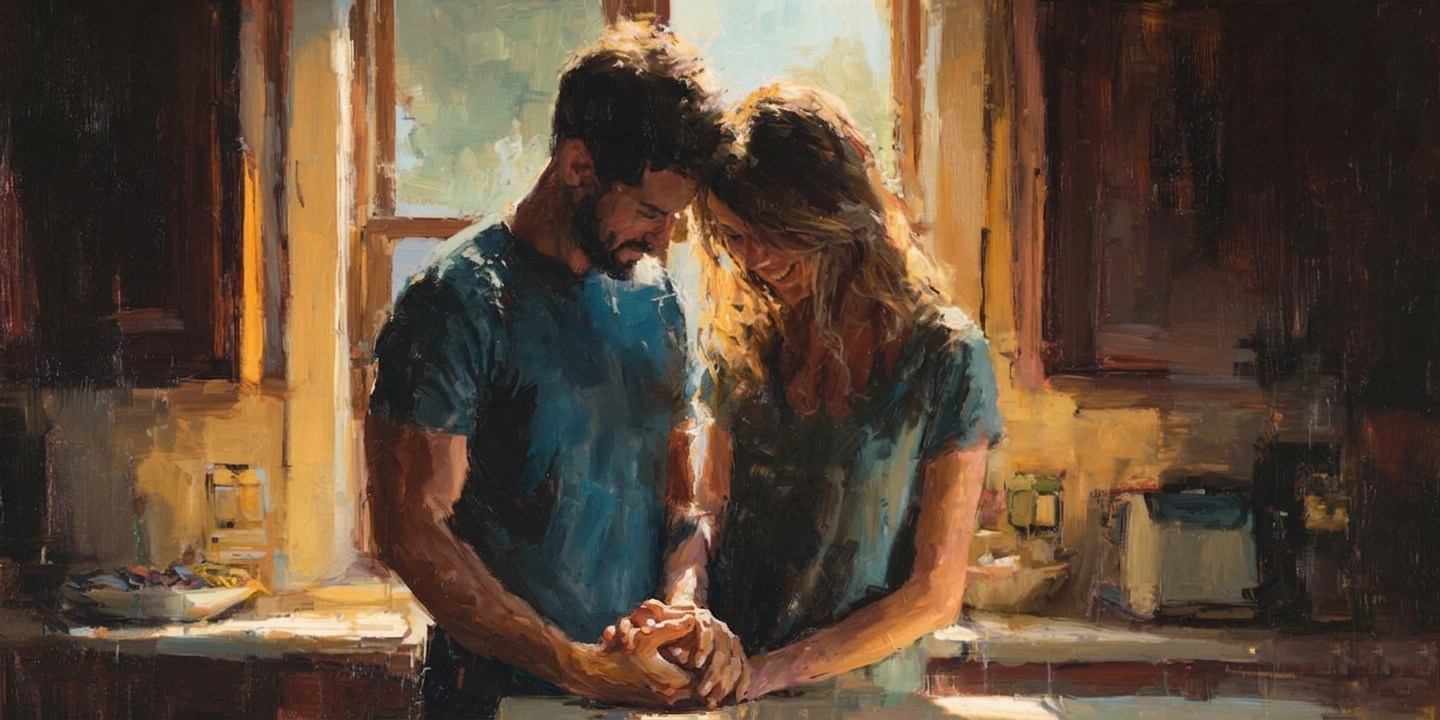 A husband and wife step forward together, reflecting faith and marriage through renewal and shared strength.