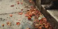 A five-dollar bill lies in autumn leaves on a sidewalk as a passerby pauses, evoking reflection on core values.