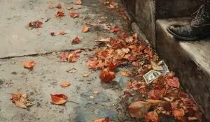 A five-dollar bill lies in autumn leaves on a sidewalk as a passerby pauses, evoking reflection on core values.