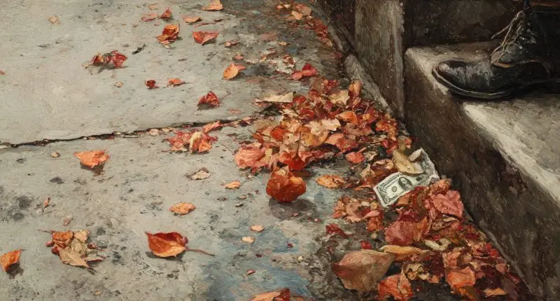 A five-dollar bill lies in autumn leaves on a sidewalk as a passerby pauses, evoking reflection on core values.