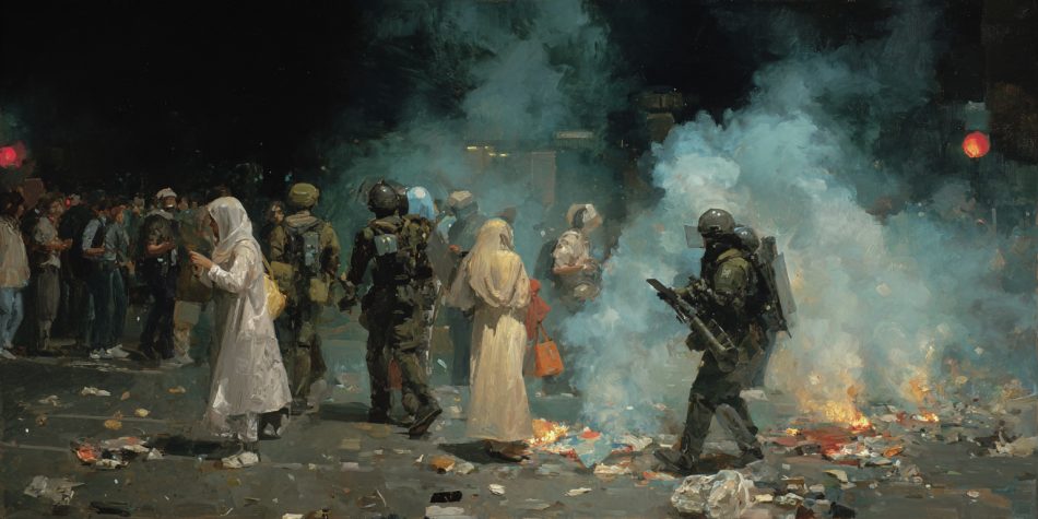 Civil unrest in Iran is depicted. Foreign intervention debates begin when visibility is forcibly erased.