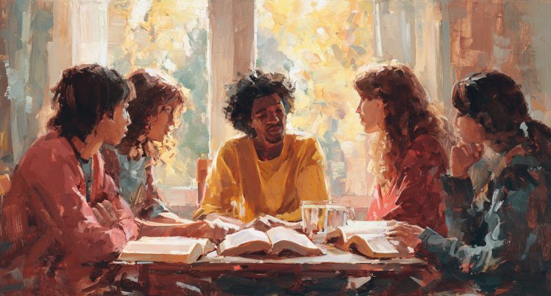 Five Christians sit around a table with open Bibles in warm, respectful conversation, reflecting the question are Latter-day Saints Christian.