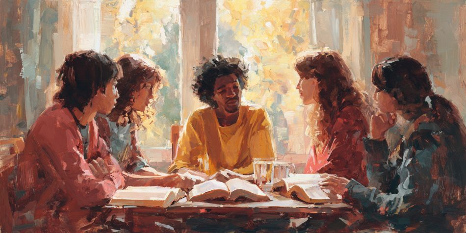 Five Christians sit around a table with open Bibles in warm, respectful conversation, reflecting the question are Latter-day Saints Christian.