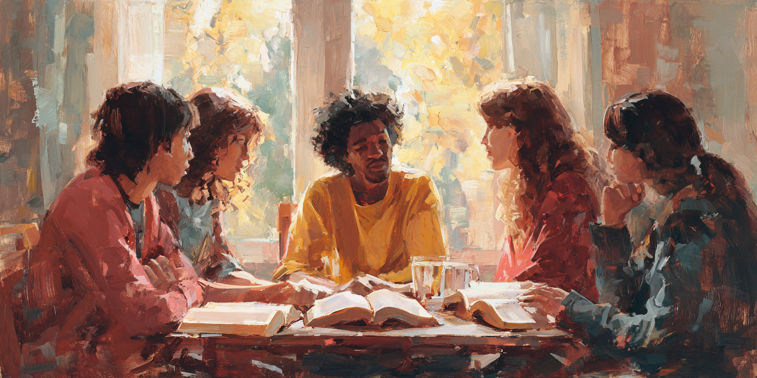 Five Christians sit around a table with open Bibles in warm, respectful conversation, reflecting the question are Latter-day Saints Christian.