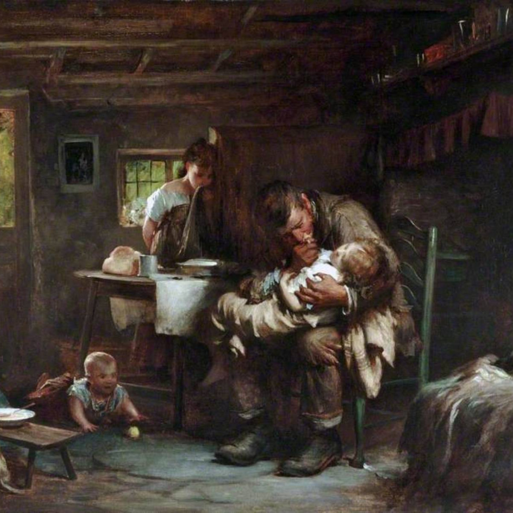 A man grieving with his children, poignantly portraying loss and the challenge of adversity in families.