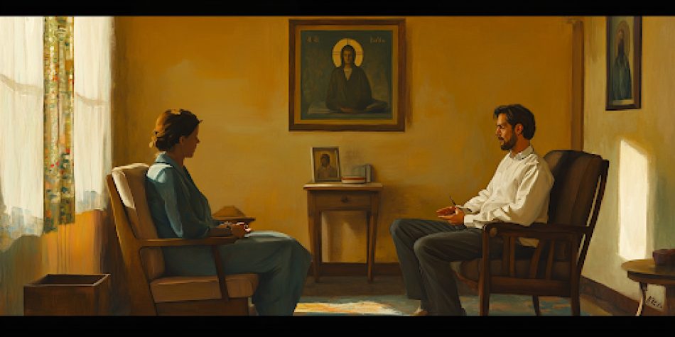 Therapy session with religious symbols in the background.