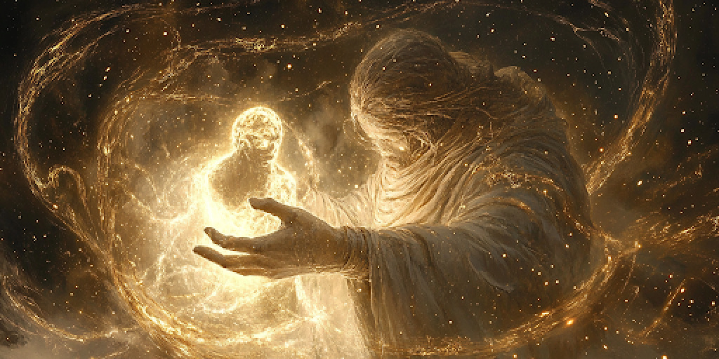 A heavenly sculptor shapes a human form, symbolizing the sacred connection between gender identity and faith in divine creation.