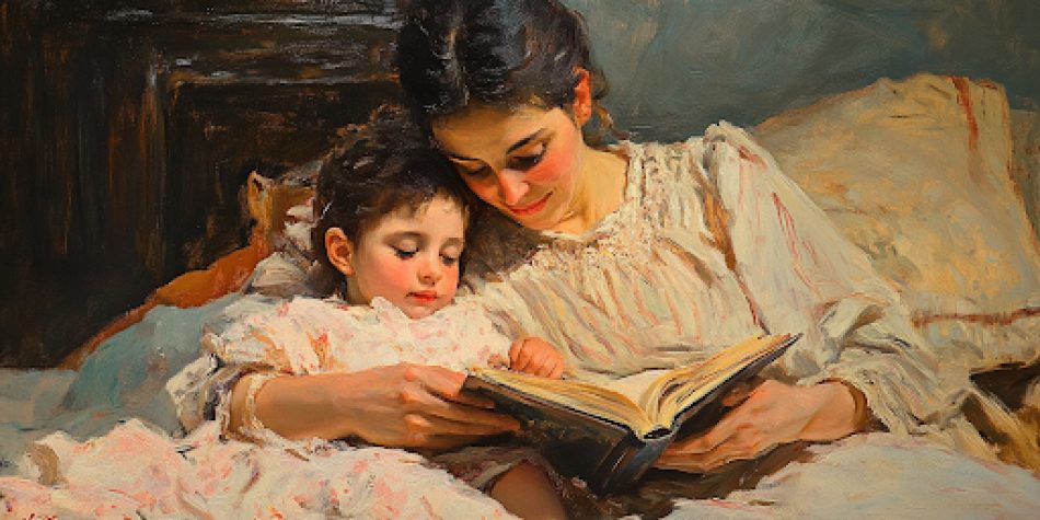 Mother and child reading a book together, nurturing tenderness expressed in her face.