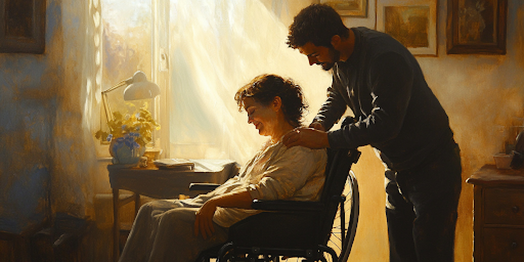 A man tenderly lifts a disabled woman, expressing how to feel God's love through gentle, Christlike acts of service.