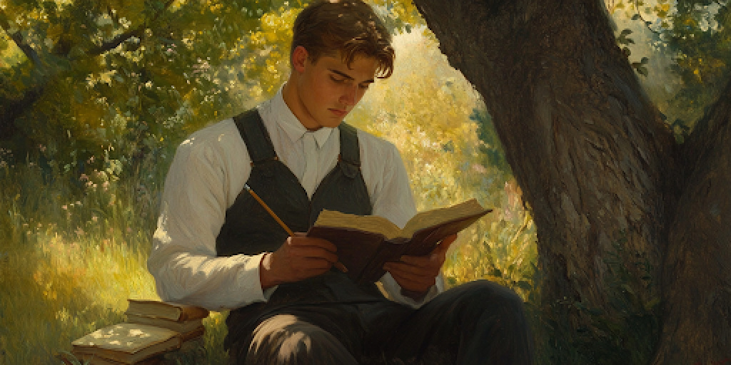 A young man studies scripture under a tree, his thoughtful expression reflecting the mental wrestling of faith and doubt