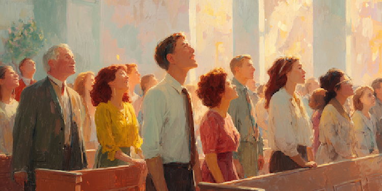 A Mormon choir performs joyfully in a bright LDS chapel, showing unity, harmony, and belonging.