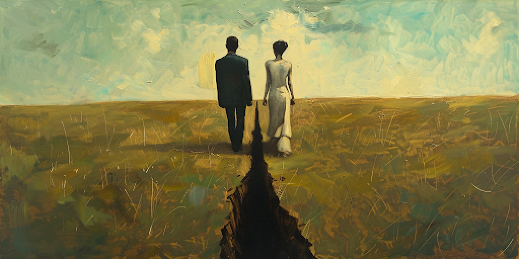 A couple walking away from each other with a fissure forming between them, illustrating why no-fault divorce is bad for marital stability.