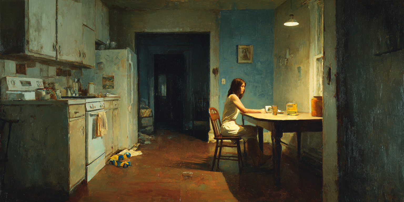 A single sits alone in a messy kitchen, overwhelmed by her responsibilities, evoking sexual violence risk factors such as raising young children without adequate support.