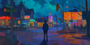 A person contemplating directions in a town square, reflecting the journey of personal revelation.