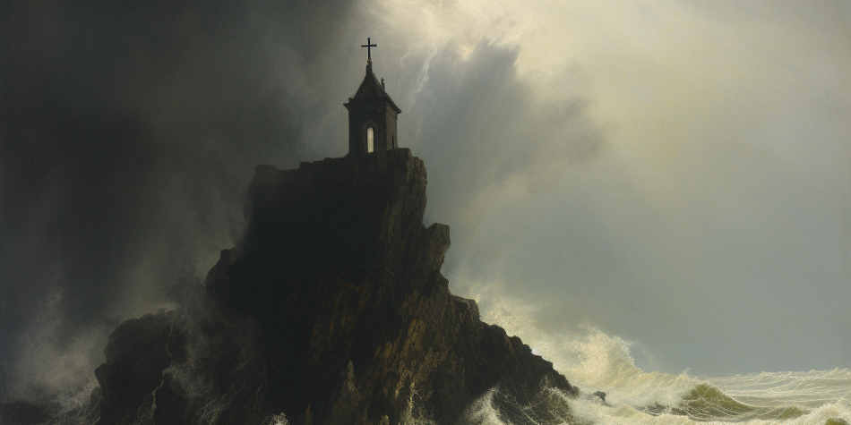 A dramatic seascape with a vulnerable chapel facing nature's fury, depicting the themes of the seeker-sensitive church in a tumultuous world.
