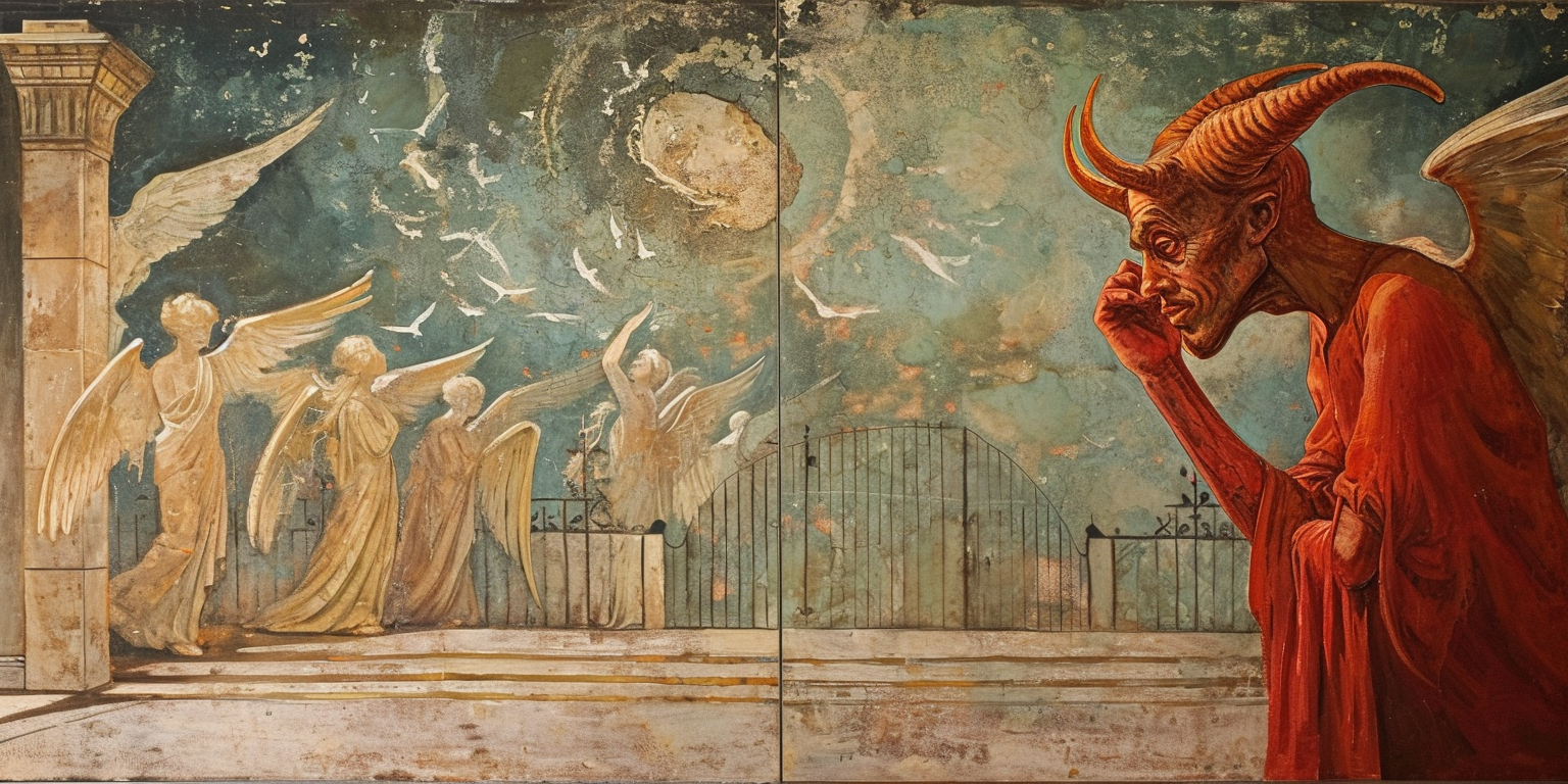 Art of Devil Looking At Group Of Angels | How Culture Is Changing Our Ideas About The Afterlife | Public Square Magazine | What is the Mormon Belief of The Afterlife