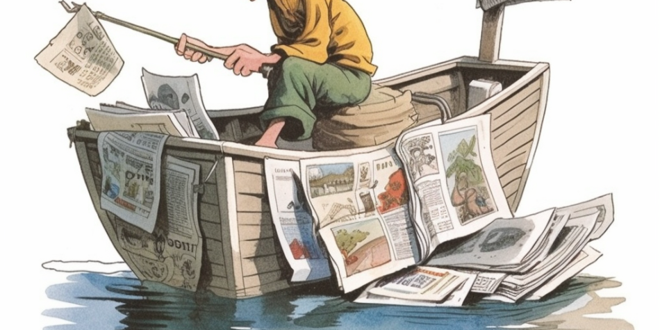 Sad Fisherman with Newspaper in His Boat | Media’s Lucrative Obsession with Latter-day Saints | Public Square Magazine | LDS Media | Mormon Media | Mormon Stereotypes