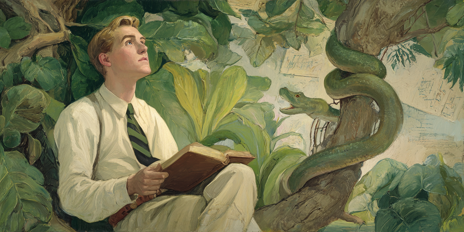 A missionary sits in reflection beneath a fig tree in the Garden of Eden, unaware of a nearby serpent, symbolizing gospel questions and unseen shame.