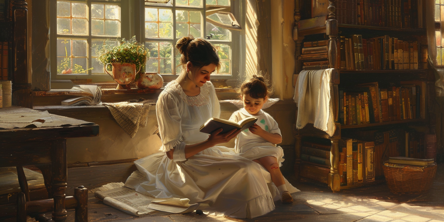 A mother passes on knowledge to her child, illustrating the power of motherhood through education.