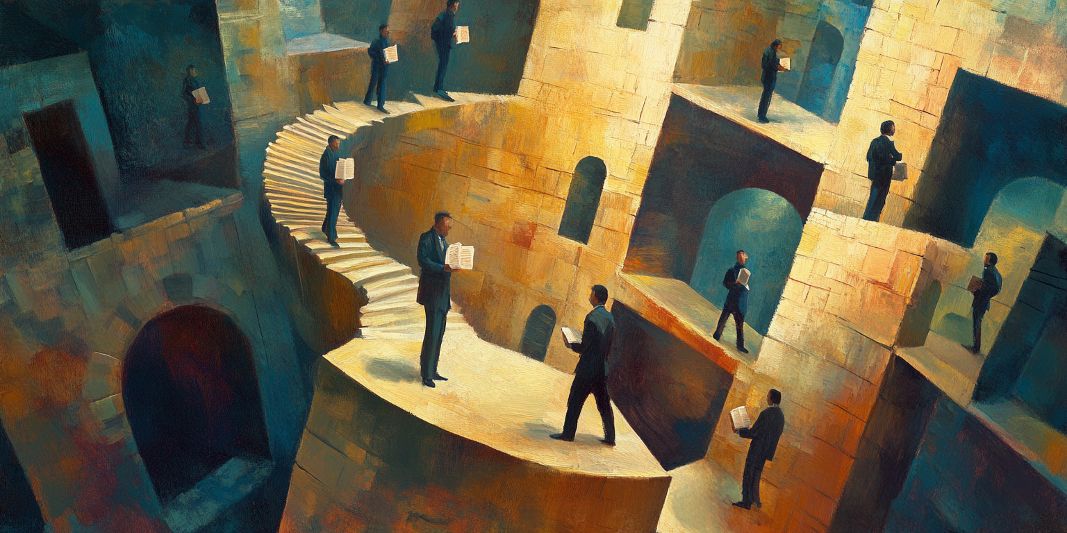 Builders consult different plans in silence, capturing the subtle confusion of semantic ambiguity.