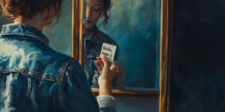 A mirrored name mismatch evokes the spiritual meaning of names as both internal struggle and divine invitation.