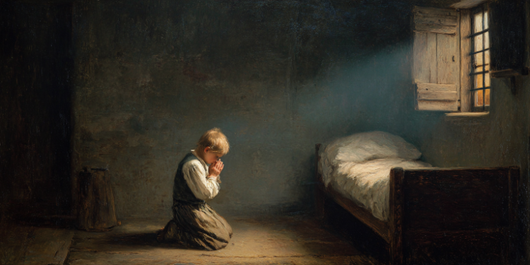 A child in moonlight kneels in prayer, symbolizing innocence, and the question ‘Does prayer work.’