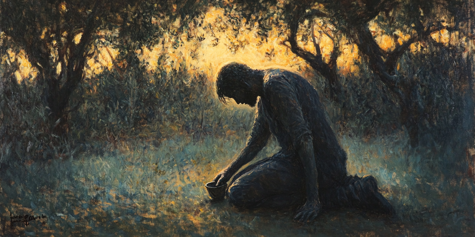 A figure clutches a cup in a dark grove, evoking Christ’s suffering and the question of Why God Allows Suffering.