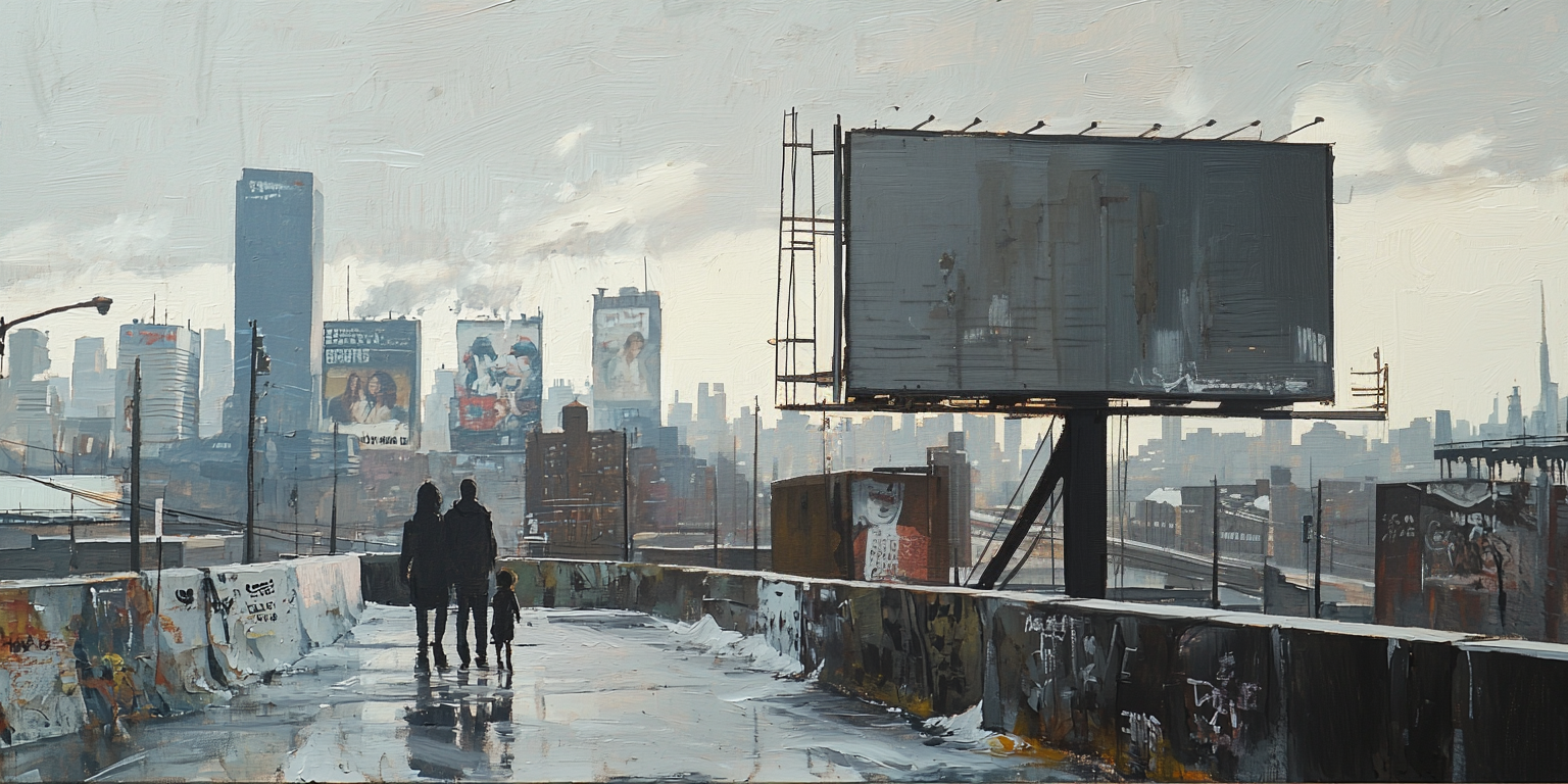 A family faces a crumbling city with a faded billboard reflecting the family a proclamation to the world being forgotten.