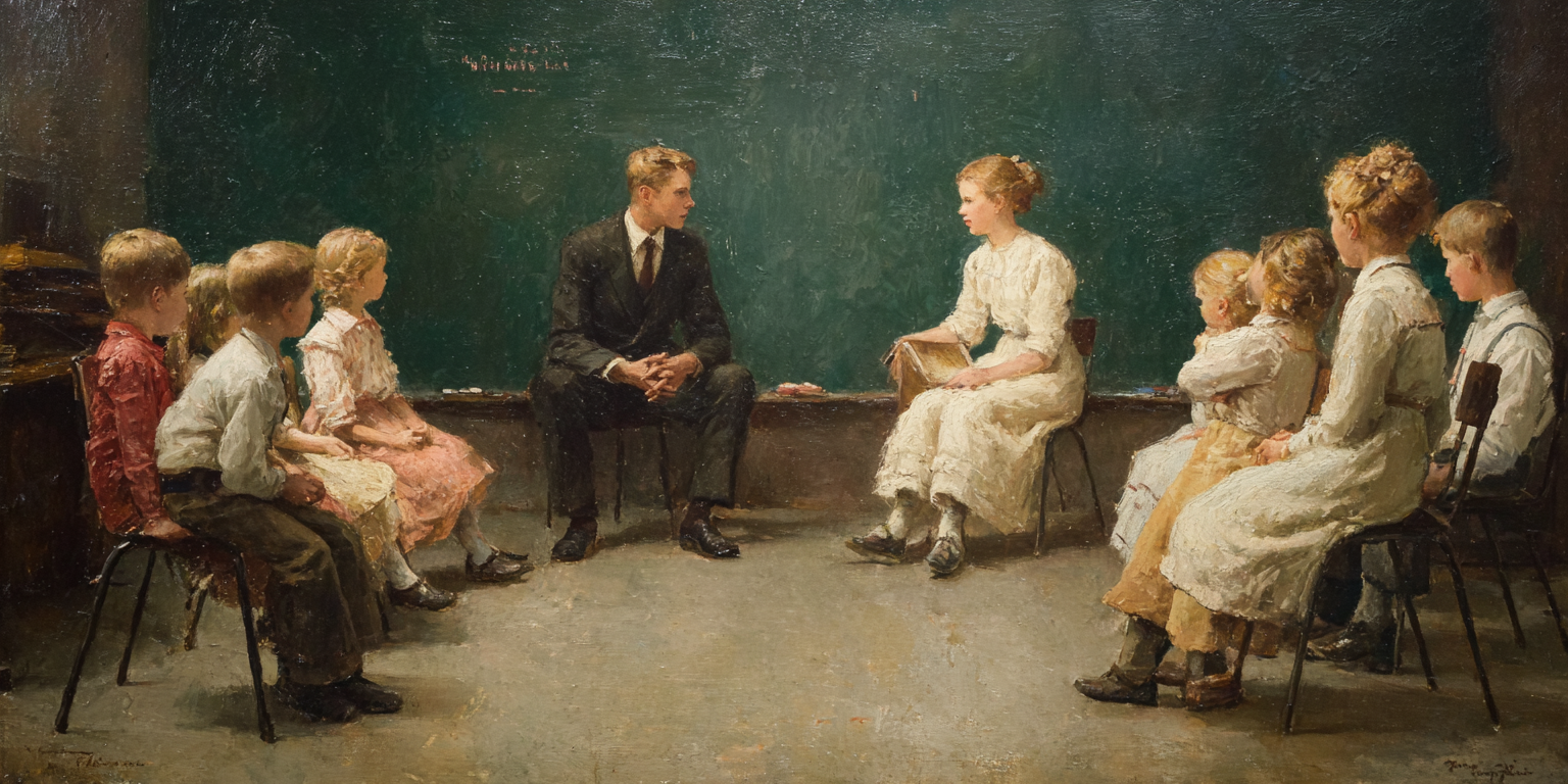 A bright Latter-day Saint classroom with a young couple teaching children in metal folding chairs, highlighting everyday child safety and care contrasted with Surviving Mormonism.