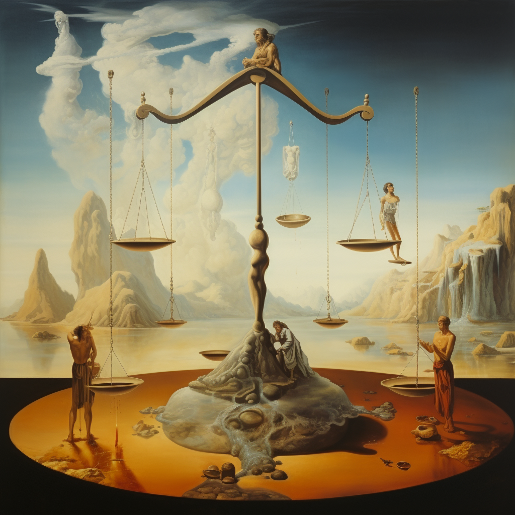 Dali-styled surreal painting of a scale balancing religious and public symbols, indicating the equilibrium aimed by public accommodation laws.