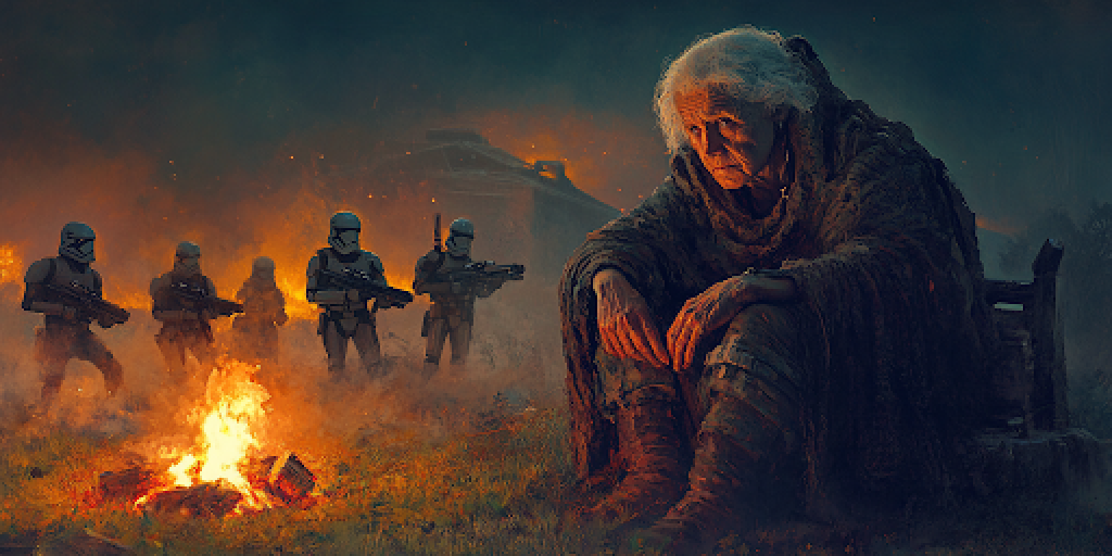An elderly woman sits by a fire as young rebels prepare for Andor’s rebellion, reflecting the wisdom of age and sacrifice.