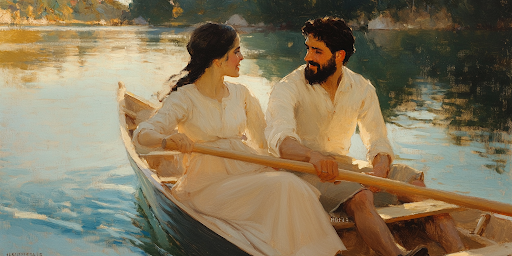 Husband and wife rowing a boat together on a lake, their strokes synchronized as they move through the water, showing an equality in their companionship.