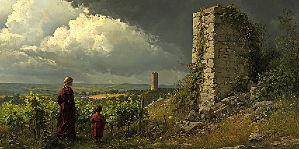 A mother plants near a crumbling tower, evoking generational hope amid neglect in family policy.