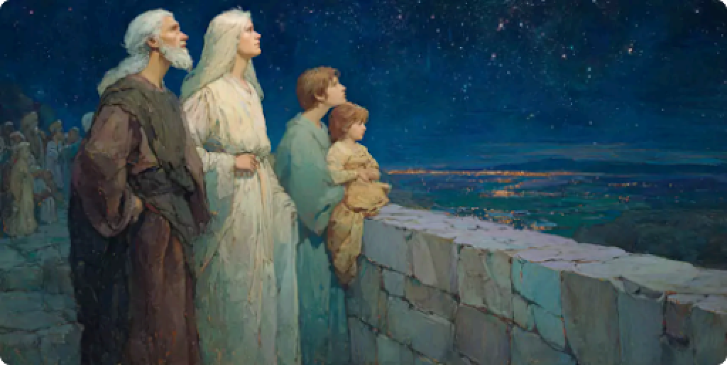 A divine family dressed in ancient Near Eastern robes stands above a city, evoking the historical roots of the elohim meaning.