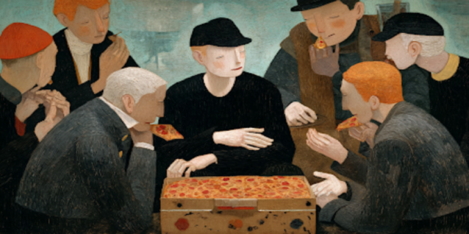 Five figures express distinct reactions toward one slice of pizza, illustrating all five conflict management styles.