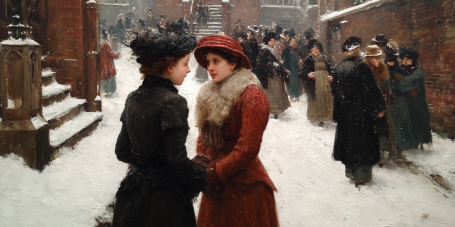 Reconciliation on cold steps suggests Surviving Mormonism’s theme of meeting criticism with human warmth.